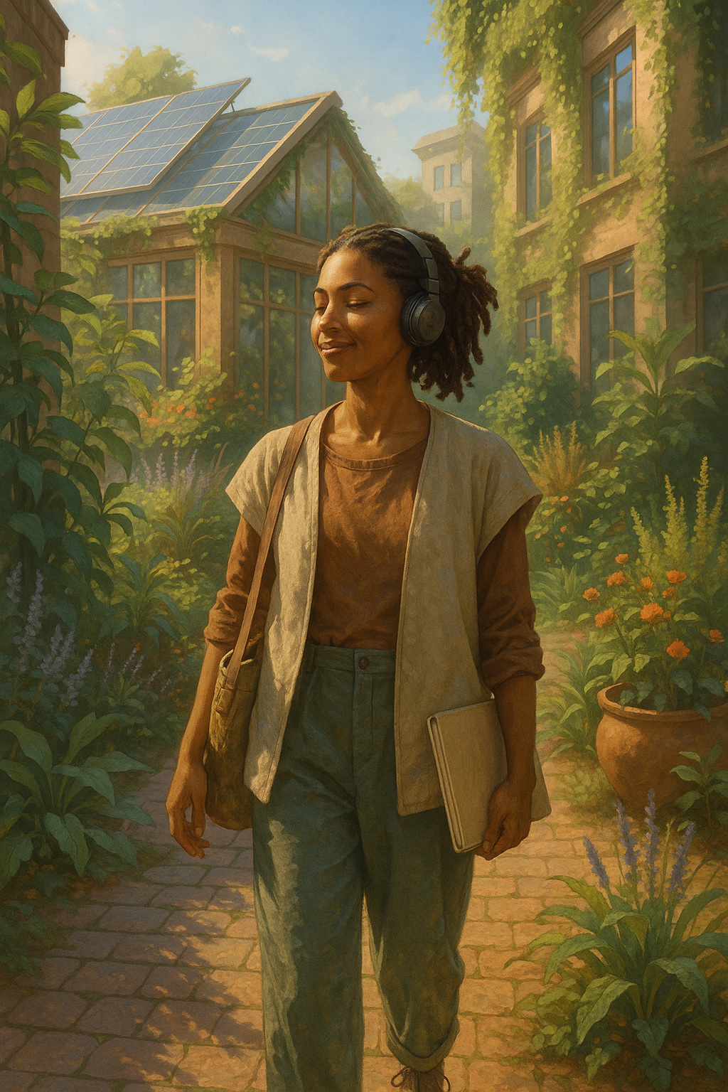 A confident professional with headphones in a sustainable, green urban environment, representing the future of work-life balance with AI financial support